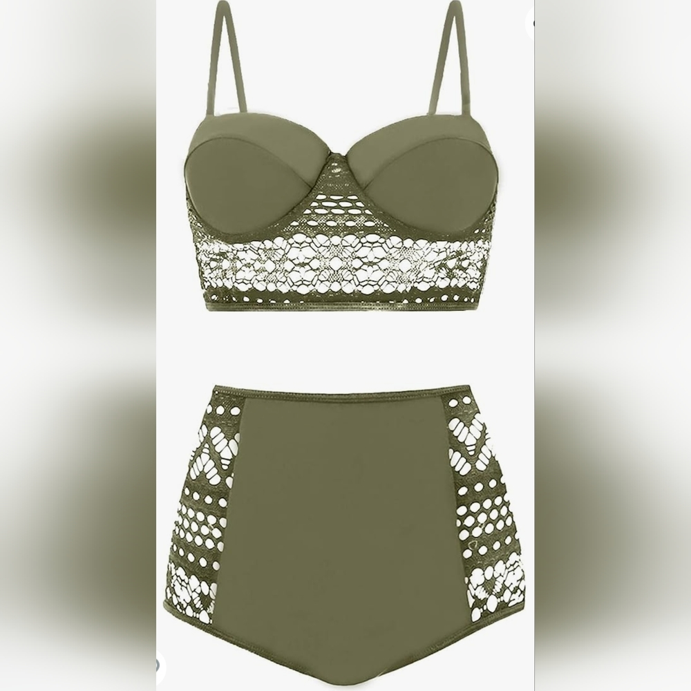 Somateva Women's Crochet Two-Piece Lace Push-up High-waisted Swimsuit (XL)